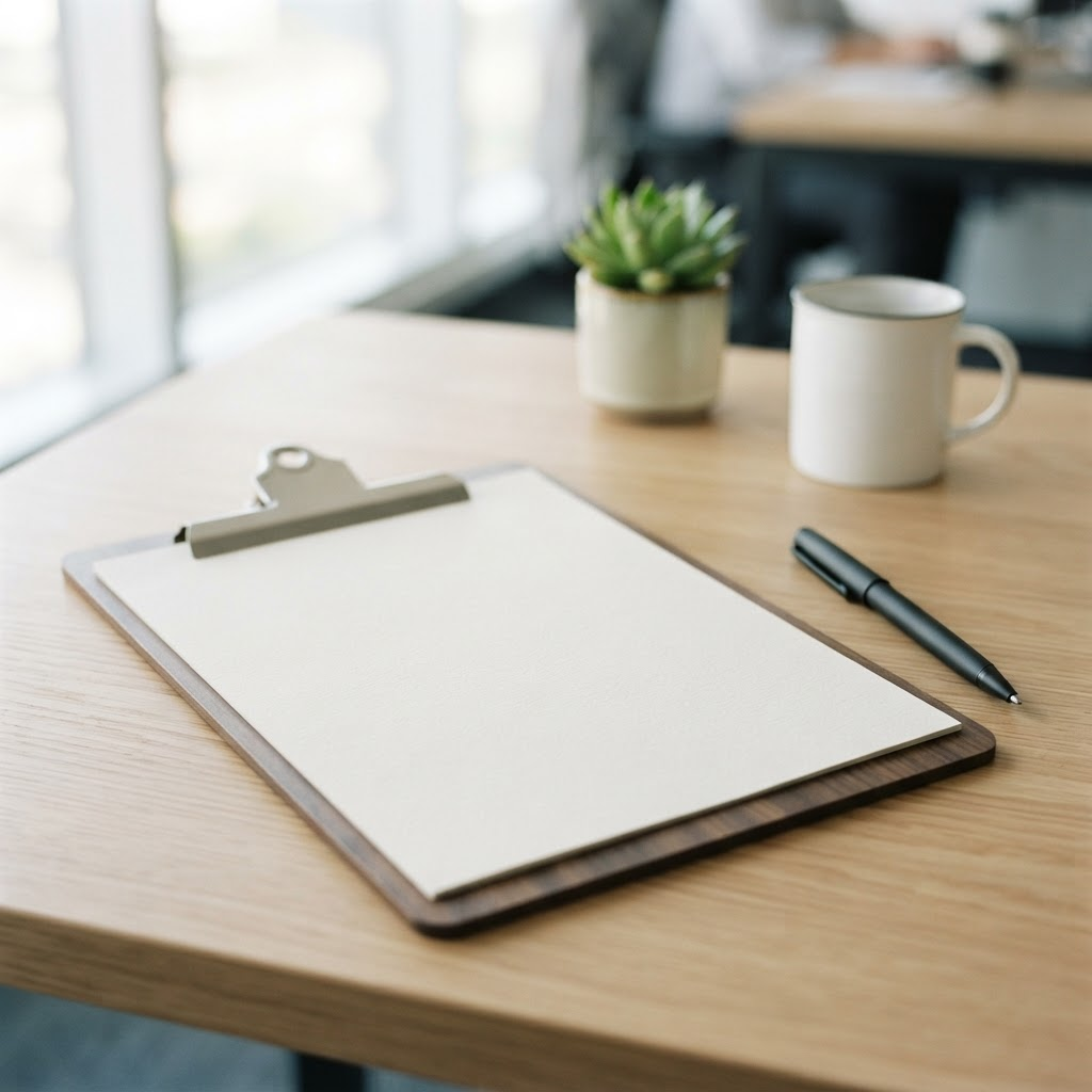 Klemmbrett mit Angebotsunterlagen und Stift auf einem hellen Holztisch