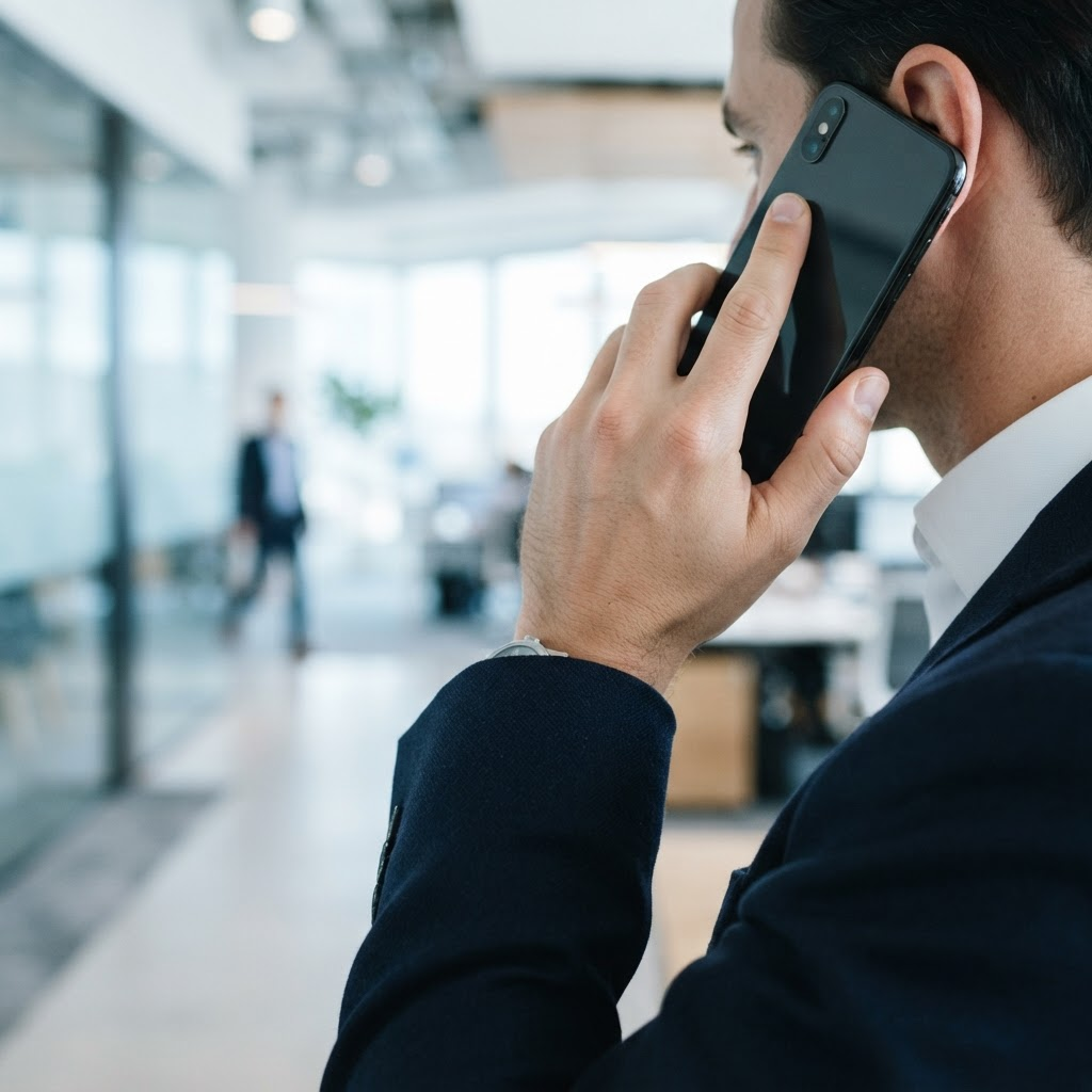 Person im dunkelblauen Sakko hält ein Smartphone für die Kontaktaufnahme