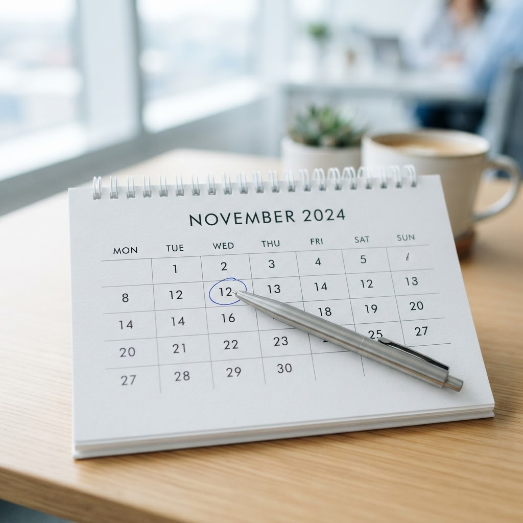 Tischkalender mit markiertem Termin und einem silbernen Stift